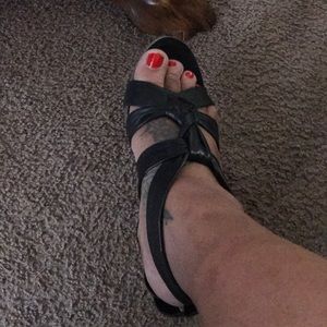 BCBG black leather strappy sandals